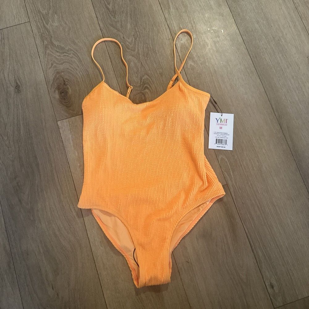 YMI Women's One Piece Ribbed Swimsuit With Scoop Back‎ Orange Neon X-Large NEW
